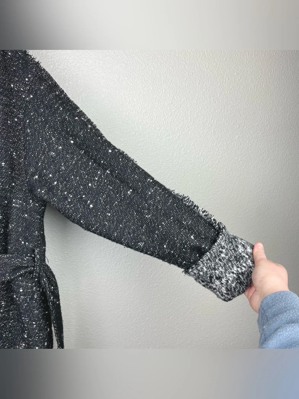 Free People Women's XS Fringe Wrap Blanket Coat Jacket Tie Waist Black Combo